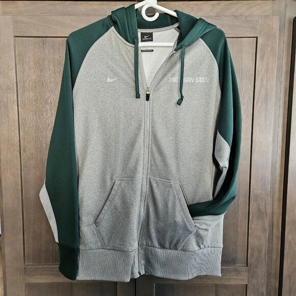 Nike Therma Fit Hoodie Mens L Michigan State Spartans Gray Green Raglan Sleeve - Picture 3 of 16